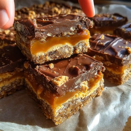 Butterfinger Caramel Crunch Bars Recipe — Gooey, Crispy & Irresistible 😍🍫 What You’ll Need: 2 cups graham cracker crumbs ¾ cup (1½ sticks) unsalted butter, melted 1 can (14 oz) sweetened condensed milk 1½ cups caramel bits (or wrapped caramels 2 tbsp milk) 1½ cups chopped Butterfinger candy bars 1½ cups semi-sweet chocolate chips Flaky salt (optional, for sprinkling) 🔥 How to Make Them: 1️⃣ Prep the Pan Preheat oven to 350°F (175°C). Line a 9x9-inch baking pan with parchment paper and grease 
