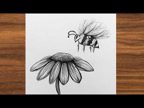 How to Draw a Real Bee on a Flower | Pencil Drawing Tutorial | Bee on Flower Sketching