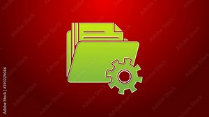 Green line Folder settings with gears icon isolated on red background. Software update, transfer protocol, teamwork tool management. 4K Video motion graphic animation