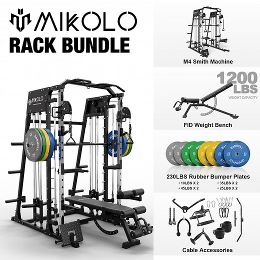 Mikolo Smith Machine Home Gym, 2200 lbs Power Rack Cage with Cable Crossover, Power Rack with 1200LB Capacity Adjustable Weight Bench and 230 lbs Weight Plate, Total Body Strength Training Equipment