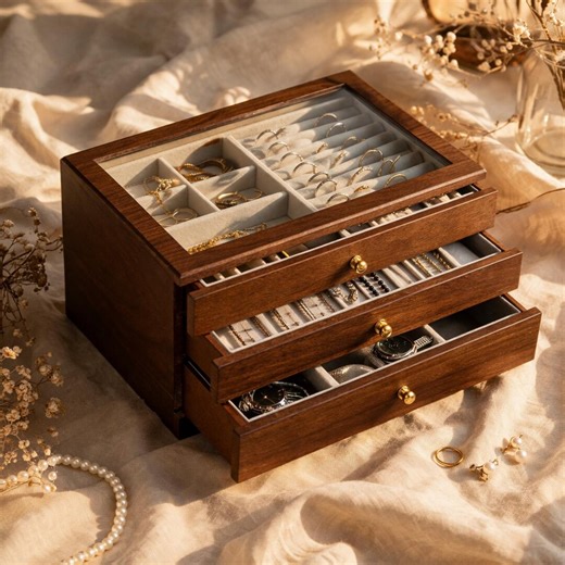 Walnut Jewelry Box With Glass Lid, 3 Drawer Organizer, Ring Necklace Storage - Etsy