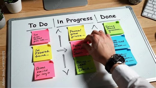 Kanban board with sticky notes showing project progress and workflow.