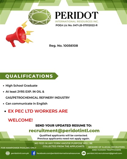 CALLING ALL PIPE FITTERS & TIG WELDERS! 𝑱𝑶𝑩 𝑶𝑷𝑷𝑶𝑹𝑻𝑼𝑵𝑰𝑻𝒀 IN SINGAPORE! WALK-IN TOMMORROW WEDNESDAY MAR. 05, 2026 from 9AM-12NN ONLY! 📌Interested applicants kindly email us your updated resume at recruitment@peridotintl.com NOTE: PLEASE INCLUDE YOUR WORK DESCRIPTION IN YOUR CV/RESUME. NOTE: Only qualified applicants will be entertained. BE WARNED!!! ❌ Beware of illegal recruiters, scammers, and human traffickers ❌ Social media accounts such us Viber, WhatsApp, Facebook Messenger are