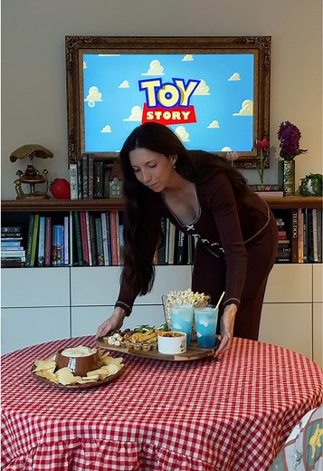 Toy Story movie night 🍿✨ we decided to rewatch all the Toy Story movies and it’s been so much fun! Here are some of the snacks we made- Alien cookies 💚 -dip Oreos into melted green candy melts, then add 3 eye sprinkles, a candy spaghetti antenna, and pipe on chocolate for the mouth Cowboy hats 🤎 -attach a Rolo to a chocolate thin (Costco) with melted chocolate Cloud drinks 💙 -pipe marshmallow clouds into a glass, add ice, then fill with sprite and add a pump of blue raspberry syrup We also a