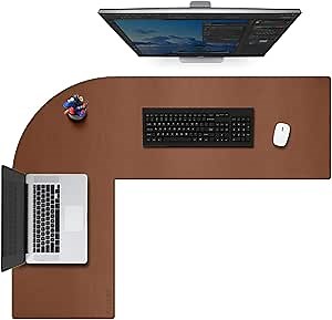 CENNBIE Reversible L Shaped Desk Pad,‎‎47.24x55.12x15.75 inches Corner Leather Desk Pad,l Shaped Desk Gaming mat,Waterproof l Shaped Leather Mouse pad,Home Office Accessories Corner Desk Mat(Brown)