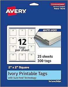 Avery Printable Square Tags, Sure Feed Technology, 2" x 2", Matte Ivory Cardstock, Print-To-The-Edge, Laser/Inkjet Printable, 300 Total, Great for Custom Gift or Branding Tags