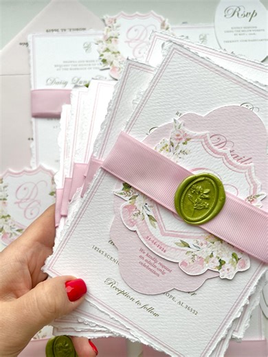 Green Pink French Elegant Chateau, Romantic Wedding in France, Handmade Wedding Invitation Sets, Cotton Paper Invitations, Monogram, Wax - Etsy