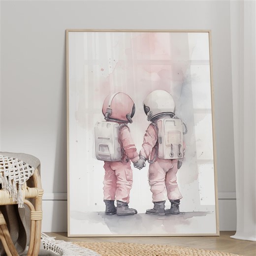 Pink Nursery Decor Space Twin Girls Outer Space Artwork Poster or Canvas, Minimalist Nursery Wall Art, Watercolor Astronaut Space Print - Etsy