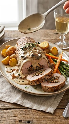 Filet mignon de porc farci aux champignons, sauce crème Un grand classique, élégant et réconfortant : une farce parfumée, une viande moelleuse, et une sauce crème onctueuse. Ingrédients (4 pers.) 1 filet mignon de porc (600–700 g) 300 g de champignons de Paris (ou mélange forestier) 1 échalote 1 gousse d’ail 15 cl de crème fraîche (entière idéalement) 10 cl de vin blanc sec (optionnel) 1 noisette de beurre un peu d’huile Persil ou thym Sel, poivre Préparation 1) Farce aux champignons Nettoyez et