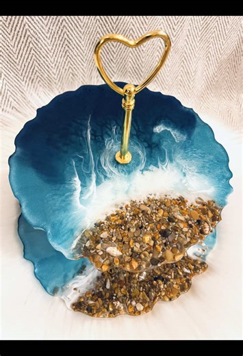 Coastal Resin Handmade 2 Tier Cake Stand 🏝️ 🌊 Perfect for Home Decor and Gifts for Everyone 🎁 #handmadegifts #DIY #resinart #resinpour #giftideas #etsyshop #cakedecorating #cakestand #cupcakedisplay #resinwaves