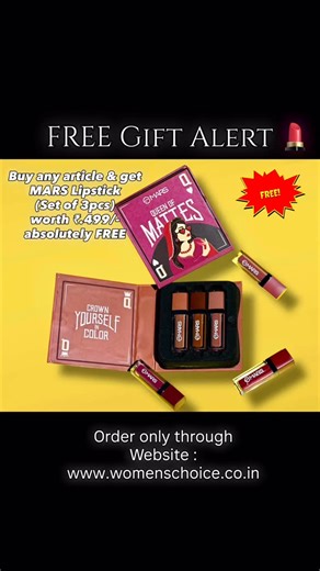 Women’s Choice ®️ by Geetika on Instagram: "✨ LIMITED-TIME BONUS YOU CAN’T MISS! ✨ Shop any article from Women’s Choice and get MARS Lipstick (Set of 3) worth ₹499/- absolutely FREE 💄🎁 ✔ No minimum purchase ✔ Premium quality ✔ Perfect add-on for your ethnic look ⚠ Condition: Offer valid only on Website Orders 🕛 Offer Window: 9th Feb (12:00 AM) to 10th Feb (04:30 PM) 👉 Order now before the clock runs out! 🌐 Website: https://womenschoice.co.in/"