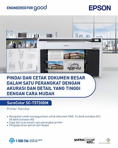 Epson SureColor SC-T5730DM adalah printer teknikal multifungsi 36 inci dengan dual roll yang dirancang untuk kebutuhan teknis dengan produktivitas tinggi. Dengan printhead PrecisionCore MicroTFP, printer ini mampu mencetak A1 dalam 16 detik dan A0 dalam 28 detik, memastikan kecepatan tanpa kompromi. Tinta UltraChrome XD3 enam warna, termasuk tinta merah baru, menghasilkan cetakan dengan akurasi warna yang tajam dan detail presisi. Fitur pemindai format besar bawaan memungkinkan digitalisasi desa