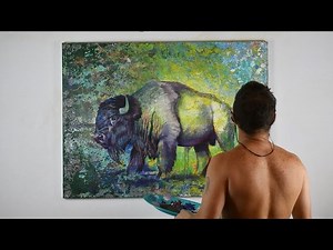Buffalo Bison Large Painting on Gallery Wrapped Canvas | Western Wall Art / Texas Art - Contemporary - Videos For Kids