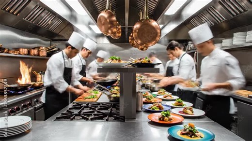 4K Video: Professional chefs cooking and plating gourmet meals in a busy restaurant kitchen