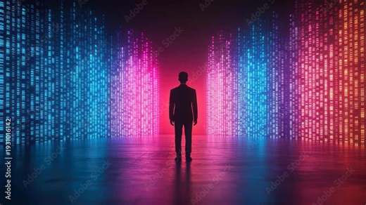 Digital Data Maze: A solitary figure stands at the threshold of a vibrant digital data maze, with vertical streams of luminous code on either side. A striking visualization of the digital age.
