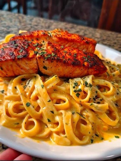 Cajun Garlic Salmon with Creamy Velveeta Four Cheese Linguine