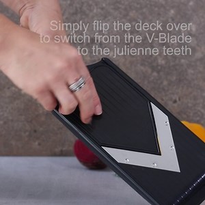 Microplane Adjustable Mandoline Slicer with V-Blade and Julienne Stainless Steel Blades, Handheld Mandoline for Potatoes, Carrots and Other Vegetables