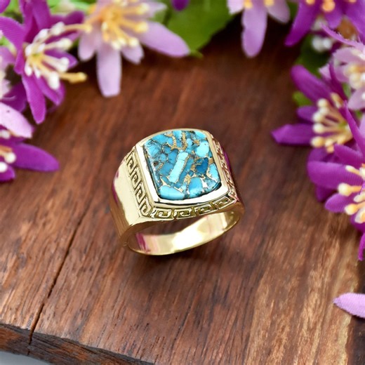 Blue Copper Turquoise Men's Ring, Sterling Silver Hexagon Stone, Designer Jewelry - Etsy