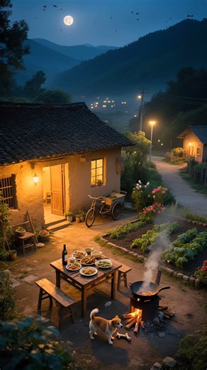 The Night Nature on Instagram: "A peaceful village night scene under a full moon. A cozy, rustic house with warm lights stands amidst a lush garden. A wooden table is set with a delicious outdoor meal beside a crackling fire where food is cooking in a large pot. A dog sniffs near the fire, and a bicycle cart leans against the house. In the background, rolling hills and softly lit homes dot the valley, creating a calm and inviting atmosphere.🌿🌳🏡🐕"