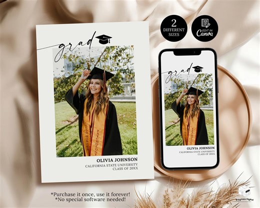 Graduation Announcement Card Template, Photo Grad Announcement, Phone and Print Sizes, Class of 2026, Graduation Invitation Card - Etsy
