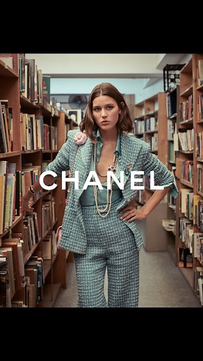 CHANEL | In a bookstore in Greenwich Village, model Vivienne Rohner wears a blue-green suit paired with a pearl necklace from the CHANEL... | Instagram