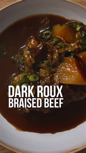 W2 Kitchen on Instagram: "Full recipe on YouTube — link in bio.⁠ ⁠ Dark roux braised beef meets Chinese beef & daikon: we sear beef (cheeks or brisket), season with light soy (~1% salt of meat weight), star anise and whole black pepper, then fold in a gumbo-style extra-dark roux for roasted depth. Daikon (white radish / mooli) braises till tender, then a quick grated daikon finish adds body and brightness. A touch of black vinegar and a Louisiana nod of hot sauce to serve.⁠ ⁠ #beefbraise #darkro