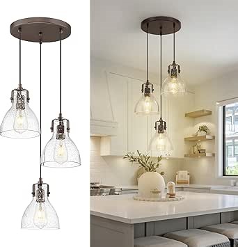 Emliviar 3-Light Cluster Chandelier, Triple Pendant Lamp Fixture with Seeded Glass, Ceiling Hanging Lighting for Kitchen Island, Oil Rubbed Bronze Finish, YE284-3 ORB