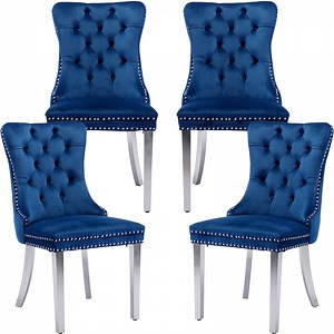ODUSE-DAILY Velvet Dining Chairs Set of 4, Navy Kitchen & Dining Room Chairs, Nailheads Tufted, Sillas De Comedor, Fabric Upholstered, Silver Chrome Metal Legs (Blue, 4 Pcs)