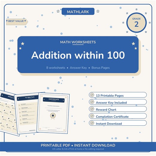 Grade 2 Addition within 100 Math Pack | Printable Worksheets with Answer Key