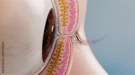 Tear film consists of lipid layer, aqueous layer, and mucin. Water loss and blockage of the meibomian glands lead to eye fatigue, dryness, blurred vision. Anatomical structure of eye, 3D animation.