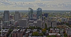 White Plains New York Aerial v3 drone fly around downtown high rise and low rise buildings capturing cityscape of an outer suburb of new york city - Shot with Inspire 2, X7 camera - October 2021