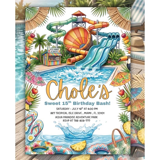 Water Park Birthday Invitation, Waterslide Party Invite , Kids Tropical Summer Splash , Editable, Canva - Etsy