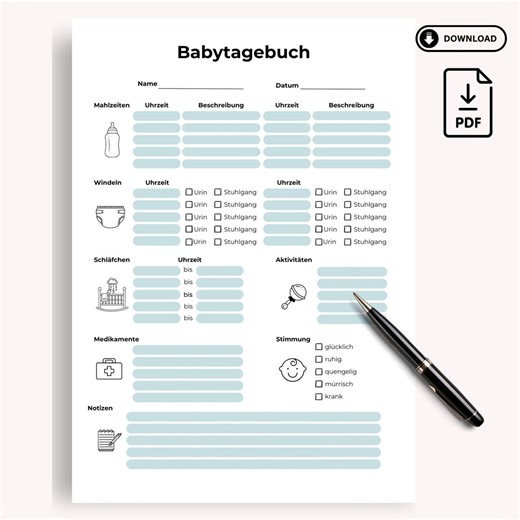 Modèle de journal de bébé au format PDF à imprimer - Agenda quotidien A4 pour les repas, le sommeil, les changes et les médicaments - Téléchargement du Suivi de bébé (bleu) - Etsy France