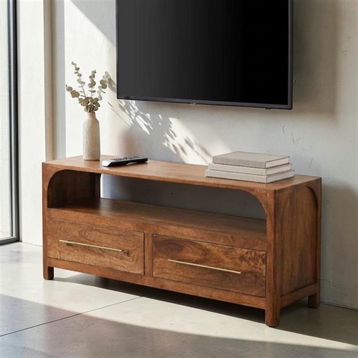 Arched Solid Mango Wood TV Stand, Mid Century Modern Media Console, Japandi TV Cabinet With Drawers, Wooden Entertainment Unit - Etsy
