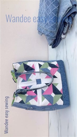 This is shorts clip video👉Denim patchwork into tote bag #wandeeeasysewing #diyoldjeans #sewing