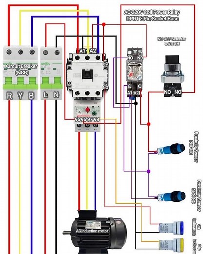 This wiring AC induction motor, incorporating various components protection, control, and indication
