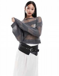 Monki long sleeve loose knitted top with sheer stripes in grey | ASOS