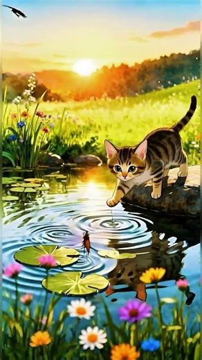Kitten Playing with Water Ripples | Ultra-Detailed Watercolor Animation