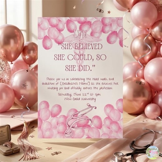 Custom Nursing Graduation Invitation Template With Photo Mockup, Editable LVN LPN RN Pinning Ceremony Invite, Pink Balloons Puddletulipco - Etsy
