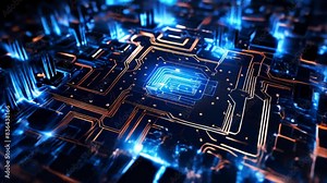 Closeup glowing blue circuit board with intricate patterns and LED light, technological details and vibrant blue hues, futuristic technology , materials for electronics and IT companies