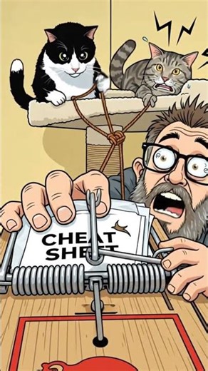 #cats catching cheater in a mouse trap with cheat sheets!