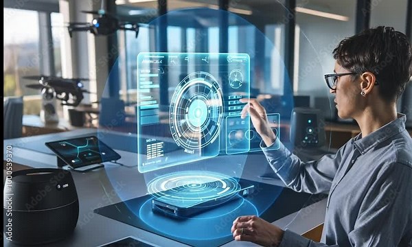 Futuristic office with holographic interface, person using 3D hologram, drones, tablets, smart speakers nearby.
