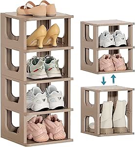 Narrow Shoe Rack - 5 Tiers Stackable Shoe Storage Stand for Entryway Hallway and Closet Durable Shoe Shelf Space Saving Boots Storage and Organization Stylish Small Shoe Cabinet No-Tool Assembly Khaki