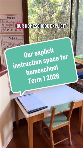 This is our homeschool setup for the explicit instruction component of my 7 year old child’s learning. One hour, 3-5 days per week. Intentional, contained, structured. I’ll show the worksheets, bookwork, and assessment systems soon. Questions welcome! #homeschooling #homeschoolaustralia #explicitinstruction #homeschoolsetup #homeschoolhelp