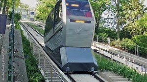 The funicular on a hill Montmartre slope way to Sacre-Coeur Basilica, SLOW MOTION