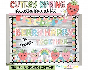 Spring Bulletin Board Kit | Cutesy Spring Decor | Bulletin Board Kit | April Bulletin Board | Strawberry Theme - Etsy