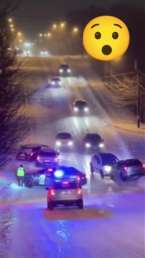One Car's Icy Slide Causes a multiple Vehicle Pile-Up (Chain Reaction)