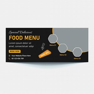 Download Restaurant food menu social media marketing web banner. Pizza, burger or hamburger online sale promotion video thumbnail. Fast food website background. Food flyer with logo and business icon. for free