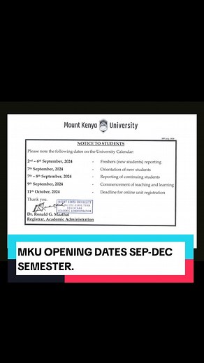Mount Kenya University Opening Dates for Sep-Dec Semester