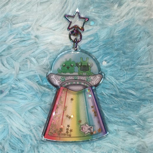 Pibble Alien UFO Shaker Keychain - Large Glittery Acrylic Charm - Geeble Invasion Puppy - Etsy